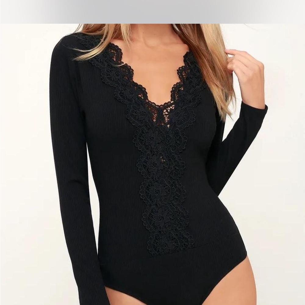 Lulus Come Back To You Black Lace Long Sleeve Bodysuit